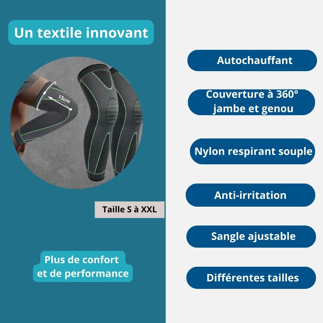 Genouillère de compression jambe et genou autochauffante et ajustable